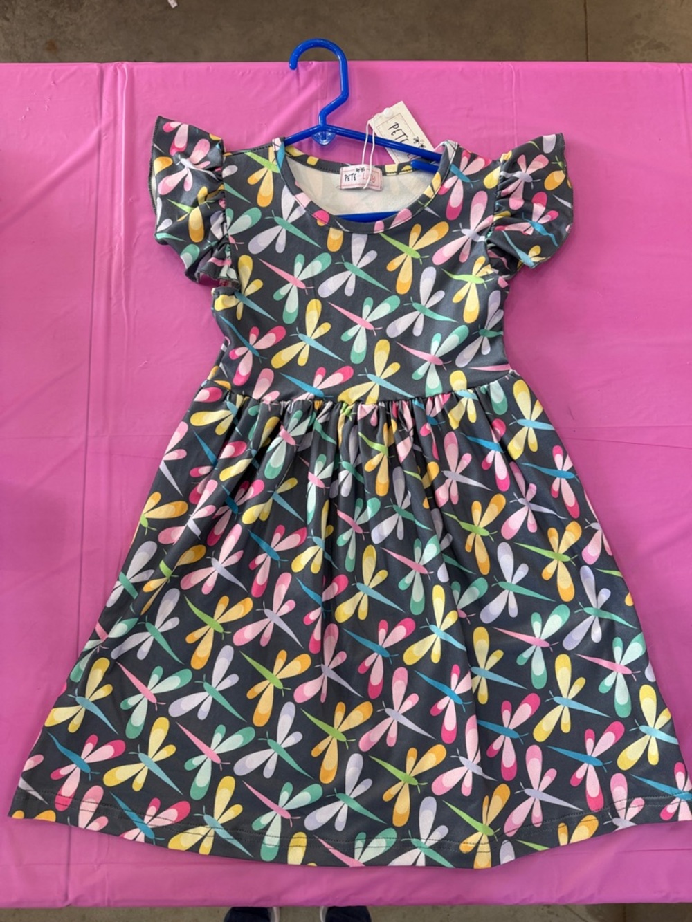 Pete + Lucy Girls' Dark Gray Dragonfly-Print Flutter Sleeve Dress - PIPS